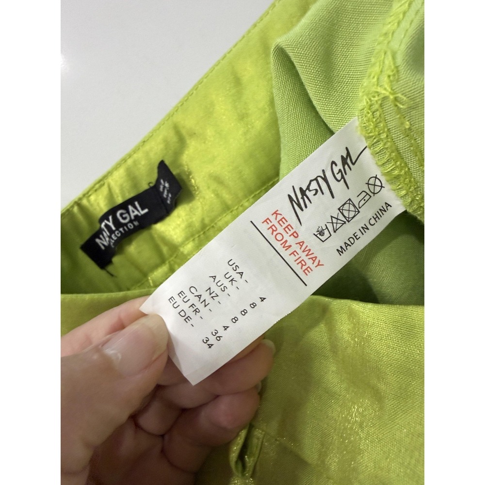 Nasty Gal Pants Womens 4 Green Satin Wide Leg Pleated High Waist Zip Pockets - Picture 6 of 7